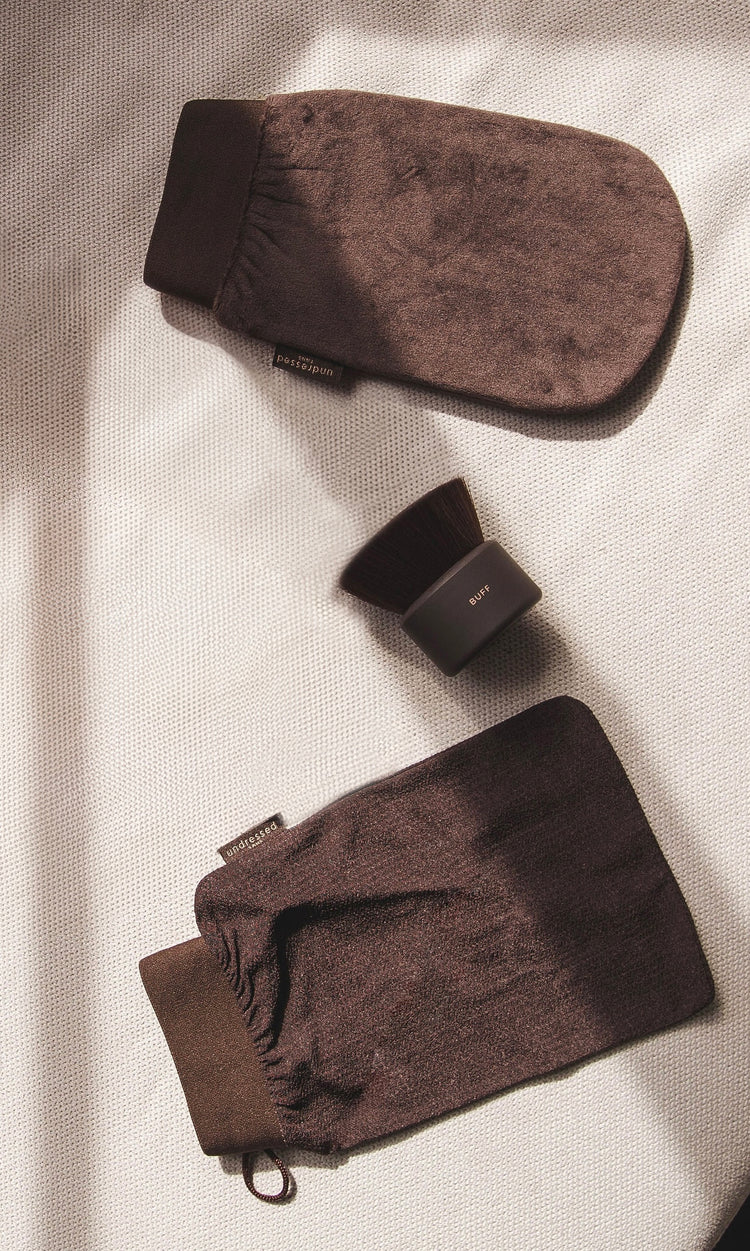 Undressed Tans tanning mitt, buff brush, and exfoliating mitt.